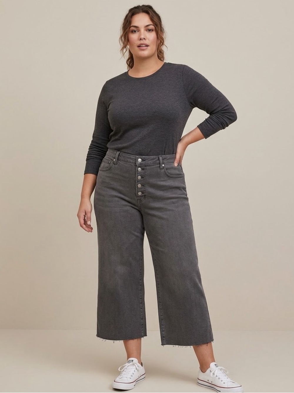Time & Tru Charcoal Wide Leg Crop Hi Rise Button-Fly Jeans - Size 16